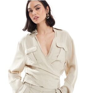 Mango MNG Womens Beige Wrap Blouse Tie Back Utility Pocket Top Size 6